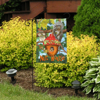 Briarwood Lane Welcome To the Nut House Summer Garden Flag with colorful squirrel design.