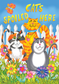 Briarwood Lane Cats Spoiled Here floral house flag with colorful cats and flowers on vibrant background.