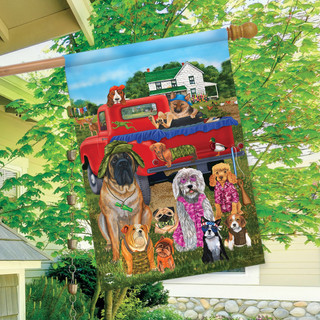 Briarwood Lane Country Pups Summer House Flag with colorful dogs and red pickup truck design.