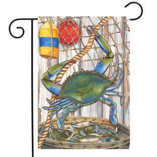 Briarwood Lane blue crab garden flag with colorful nautical design for spring and summer porch decor.