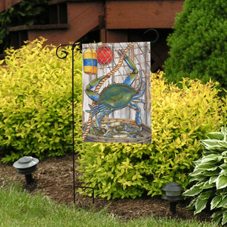 Briarwood Lane blue crab garden flag with colorful design on a decorative yard pole display outdoors.