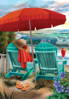 Briarwood Lane Beach Life Garden Flag with colorful beach scene and red umbrella on sand shore.
