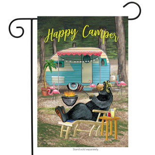 Briarwood Lane Happy Camper Bear Summer Garden Flag, colorful RV camping decor for porch or yard.