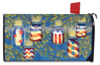 Briarwood Lane Patriotic Luminaries Summer Mailbox Cover with American flag and stars on mason jars.
