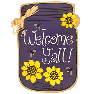 Briarwood Lane Welcome Y'all decorative jar sign with colorful flowers and insects for spring porch display.