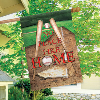 Briarwood Lane No Place Like Home Spring House Flag, colorful baseball themed decorative yard display.
