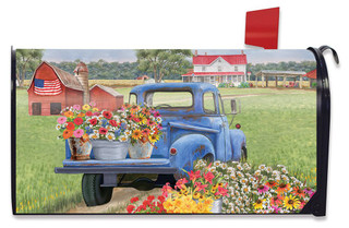 Briarwood Lane large mailbox cover with colorful spring truck scene and vibrant flowers on a farm.