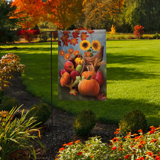 Briarwood Lane Bountiful Cornucopia small autumn garden flag with colorful harvest design on a lawn display.