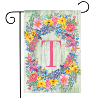 Briarwood Lane Spring Monogram Letter T garden flag with colorful floral wreath and pink lettering.