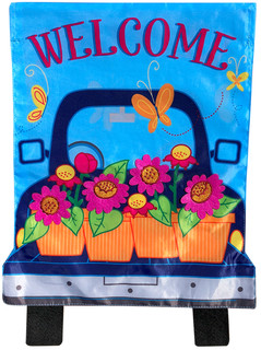 Briarwood Lane spring pickup applique house flag with colorful flowers and butterfly design on blue background.