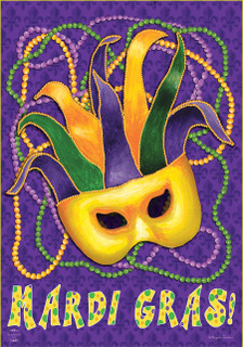 Briarwood Lane Mardi Gras Holiday Garden Flag with colorful mask and beads for New Orleans party decor.