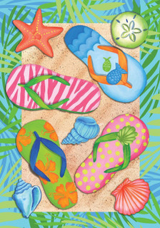 Briarwood Lane small printed garden flag with colorful flip flops on sand with umbrella and sun.