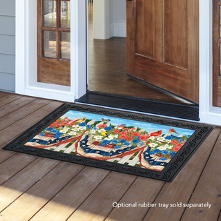 Briarwood Lane American Birds Spring Doormat with cardinal, chickadee, stars, and stripes in red, white, and blue.