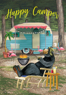 Briarwood Lane Happy Camper Bear Summer House Flag, colorful printed decorative seasonal RV camping design.
