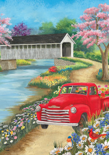 Briarwood Lane Spring Covered Bridge House Flag with colorful springtime design and red vintage truck.