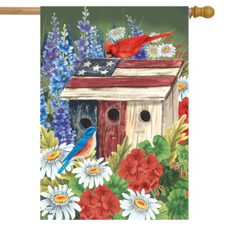 Briarwood Lane Patriotic Gathering Spring House Flag with American stars, stripes, and floral garden scene.