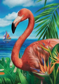 Briarwood Lane Flamingo Paradise Garden Flag with colorful flamingo, sailboat, and tropical plants on sunny shore.