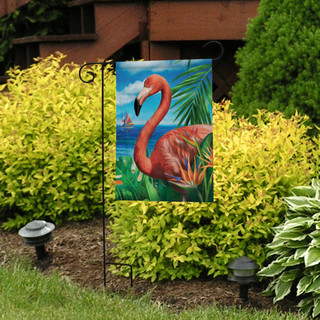 Briarwood Lane Flamingo Paradise Garden Flag with sailboat, sun, and colorful shore design for backyard display.