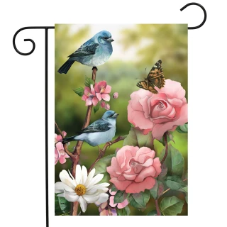 Briarwood Lane small printed garden flag with bluebird, butterfly, and colorful spring flowers display.