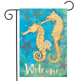 Briarwood Lane Seahorse Welcome Garden Flag with starfish on colorful ocean background, perfect for spring summer decor.