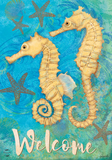 Briarwood Lane Seahorse Welcome Garden Flag with colorful seahorses and starfish on a bright ocean background.