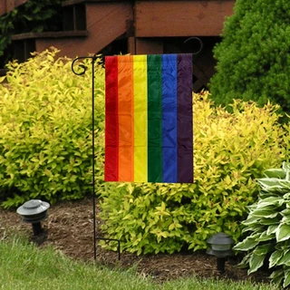 Briarwood Lane Rainbow Embroidered Garden Flag, colorful LGBTQ pride flag on a small decorative yard pole.