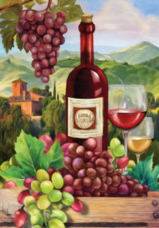 Briarwood Lane Wine Country Garden Flag with colorful vino and grapes on a small printed decorative bottle.