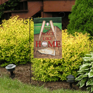 Briarwood Lane No Place Like Home spring garden flag with colorful, printed, decorative design on display.