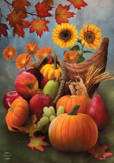 Briarwood Lane Bountiful Cornucopia Autumn House Flag with colorful fall harvest design on small printed fabric.