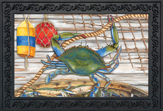 Briarwood Lane Blue Crab Bushel Summer Doormat with colorful buoy and net design on wooden background.