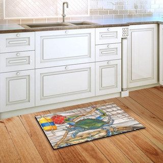 Briarwood Lane Blue Crab Bushel Summer Doormat on kitchen floor with colorful coastal design.