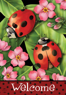 Briarwood Lane Ladybugs on Leaves Spring House Flag with colorful, cheery ladybugs and pink flowers.