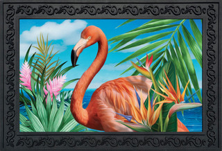 Briarwood Lane Flamingo Paradise Summer Doormat with sailboat, sand, and umbrella under the sun.