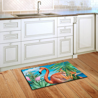 Briarwood Lane Flamingo Paradise Summer Doormat on kitchen floor with vibrant tropical colorful design.