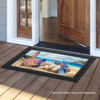 Briarwood Lane Sea To Shining Sea nautical doormat with American flag beach scene and patriotic colors.