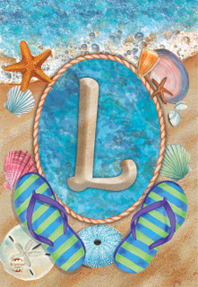 Briarwood Lane Summer Monogram Letter L Garden Flag with colorful beach themed design and seashells.