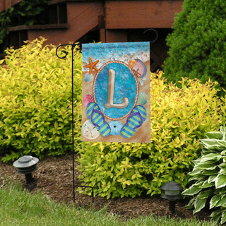 Briarwood Lane Summer Monogram Letter L garden flag with starfish and umbrella on colorful coastal design.