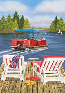 Briarwood Lane Dockside Garden Flag with colorful lake scene and red pontoon boat on wooden dock.