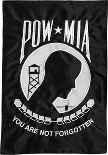 Briarwood Lane POW Applique Garden Flag, black POW MIA flag with white stitched prisoner silhouette emblem.