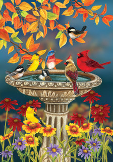 Briarwood Lane's small, printed garden flag with colorful fall birds and flowers for porch display.