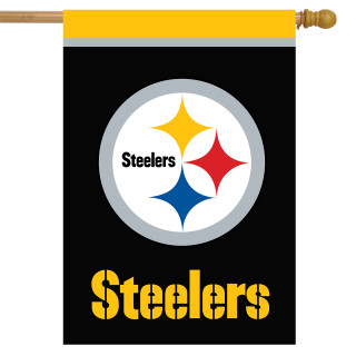 Briarwood Lane Pittsburgh Steelers NFL licensed house flag with logo and team name in yellow.