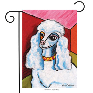 Toland Pawcasso Poodle Garden Flag, a small, mini decorative flag featuring man's best friend, dog flags.