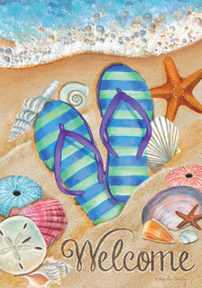 Briarwood Lane Day in the Sun house flag with colorful beach scene and welcome message on sand.