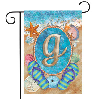 Briarwood Lane Summer Monogram Letter G Garden Flag with coastal starfish and sand design elements.