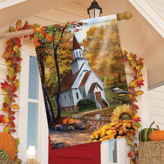 Briarwood Lane Autumn Church Sunset House Flag on a porch with fall decor and vibrant colors.