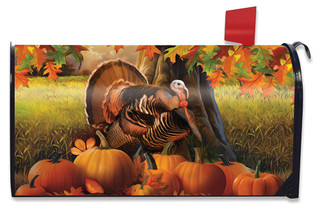 Briarwood Lane Harvest Turkey Fall Mailbox Cover, colorful autumn display with turkey and pumpkins.
