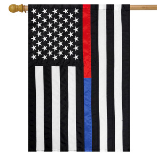Briarwood Lane Thin Blue & Red Line Embroidered House Flag with stars and stripes pattern.