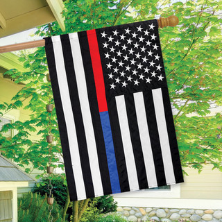Briarwood Lane Thin Blue & Red Line Embroidered House Flag with stars and stripes pattern.
