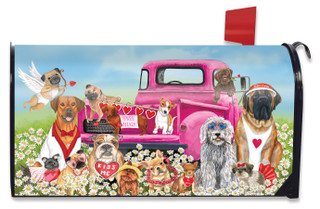Briarwood Lane Happy Valentine's Dogs Mailbox Cover, colorful pink truck with cute dogs and hearts.