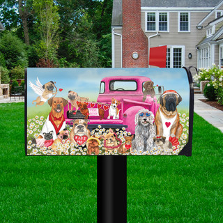 Briarwood Lane Happy Valentine's Dogs Mailbox Cover, pink truck with dogs, hearts, love, colorful, cheery display.